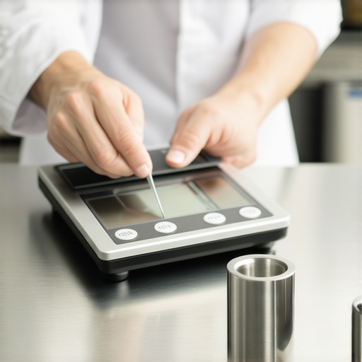 Kitchen technician calibrating digital scale for precision measurement