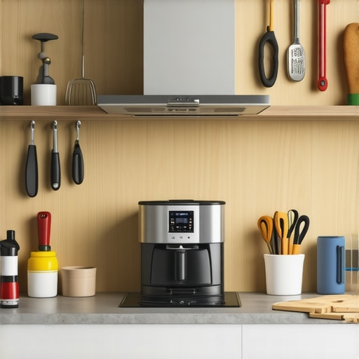 Technician calibrating and cleaning smart kitchen appliances in a small kitchen.