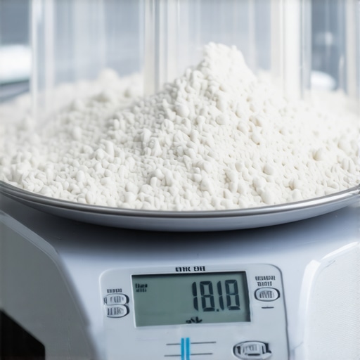 A detailed shot of a digital kitchen scale measuring flour and water for sourdough in a bakery