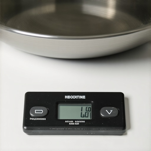 A technician calibrating a high-precision kitchen scale with a calibration weight on a clean countertop.