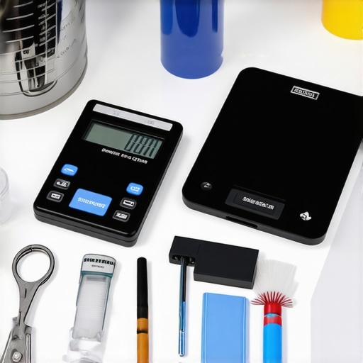 Calibration tools, digital scales, and cleaning supplies arranged on a kitchen countertop for maintenance.