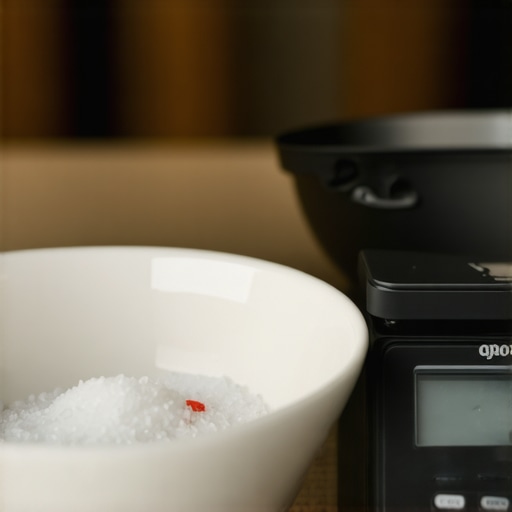 Accurate tiny salt measurement using a digital scale Close-up of digital kitchen scale measuring a small pinch of salt in a shallow dish.