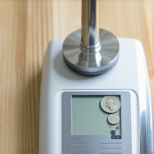 Bathroom scale with coins used for calibration in a modern kitchen.