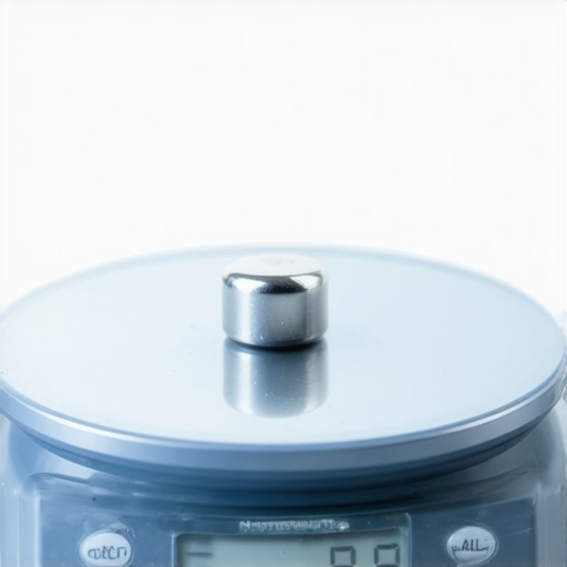 Person placing a calibration weight on a high-precision digital kitchen scale to ensure accurate measurements in a modern kitchen