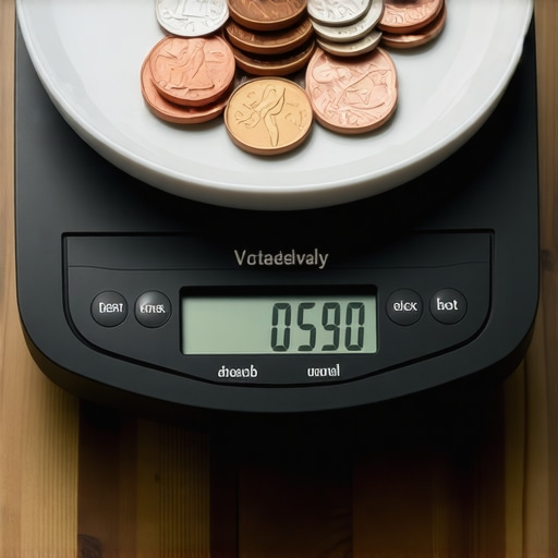 A person calibrating a digital kitchen scale with coins in a sleek kitchen