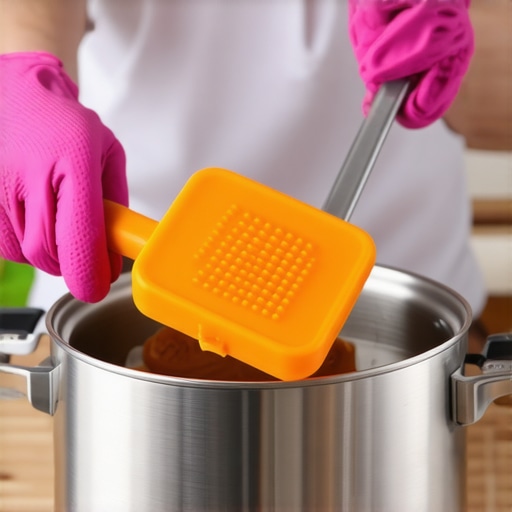 Person using silicone spatula and gloves to gently pry open a stuck pressure cooker lid