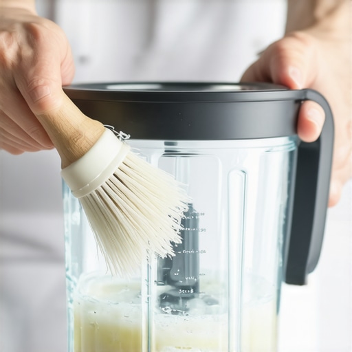 Person carefully cleaning blender blades with brush and vinegar