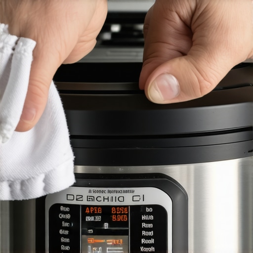 A person wiping the sensor inside a pressure cooker to remove dirt and buildup.