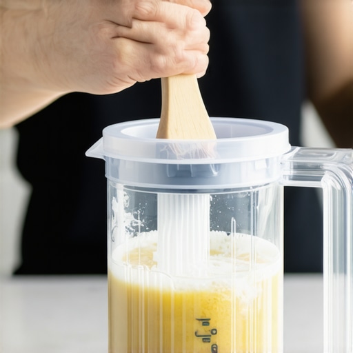 A hand scrubbing the inside of a plastic blender jar with a brush, surrounded by lemon and salt for cleaning.