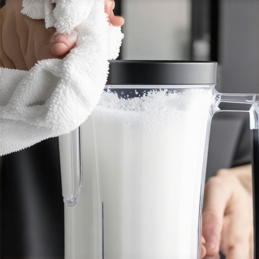 Person cleaning a blender jar with baking soda to remove scratches and cloudiness.