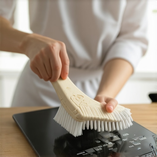 Person gently cleaning a digital kitchen scale with brush and cloth in a kitchen setting