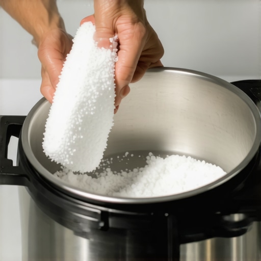 Person scrubbing a pressure cooker inner pot with baking soda paste to remove stains