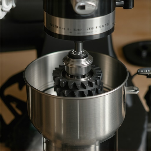 A detailed view of a disassembled stand mixer with internal gears and wiring exposed on a workbench