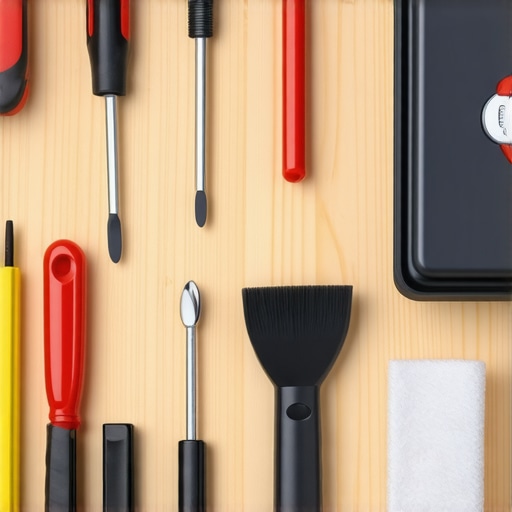 Essential Kitchen Maintenance Tools A collection of professional kitchen maintenance tools including screwdrivers, ultrasonic cleaner, calibration weights, and cleaning brushes arranged neatly.