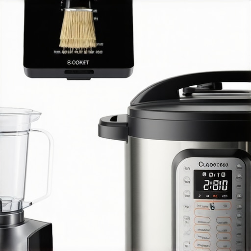 A collection of kitchen tools including a digital scale, blender, and pressure cooker gasket