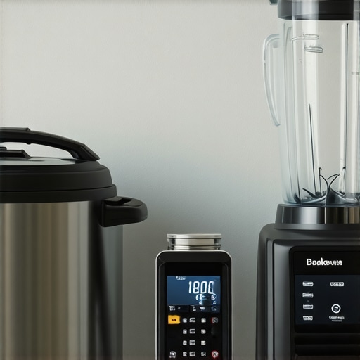 A tidy kitchen setup showcasing a digital scale, pressure cooker, and blender, all well-maintained and ready for use.