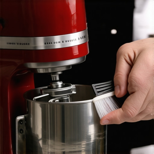 Person cleaning internal gears of a stand mixer with a detailed brush
