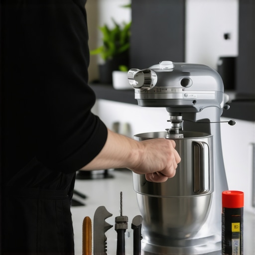 Kitchen Mixer Maintenance in Action Person lubricating the gears of a professional-grade kitchen mixer