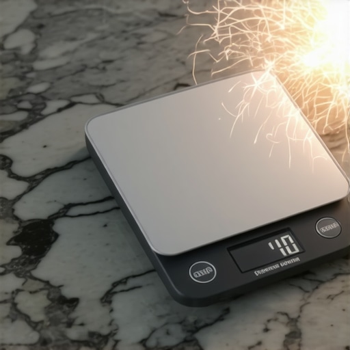 Digital kitchen scale on granite counter with static sparks illustrating environmental interference.