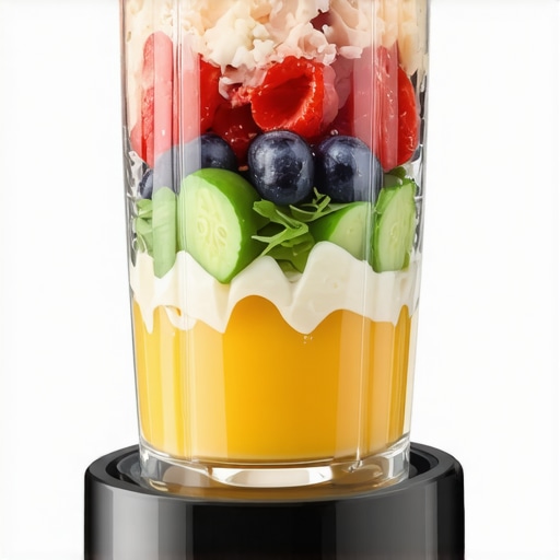 A blender jar with liquids at the bottom and frozen fruits on top indicating proper layering for blending.