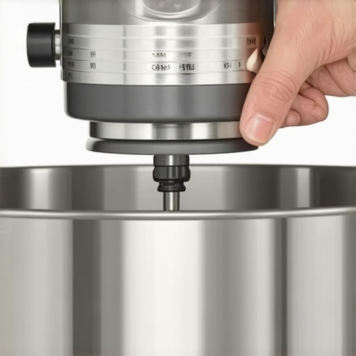 Close-up of a person applying lubricant to the internal gears of a stand mixer