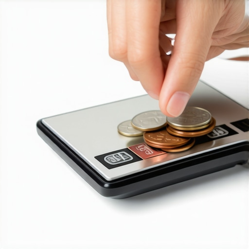 Precision calibration of kitchen scale Person calibrating a digital kitchen scale with coins on the countertop