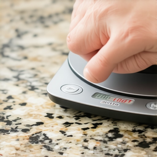 Proper Placement for Accurate Kitchen Scale Readings A digital kitchen scale placed on a granite countertop with a bowl being measured by a chef.