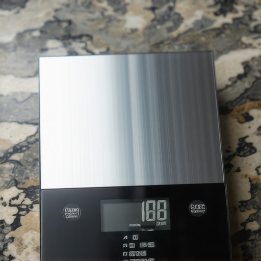 Digital kitchen scale placed on a granite countertop showing measurement