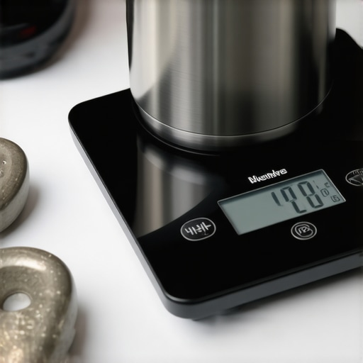 Close-up of a person calibrating a kitchen digital scale on a countertop with weights