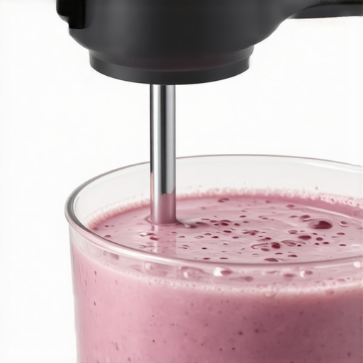 Close-up of a person using an immersion blender smoothly in a bowl to prevent splashing.