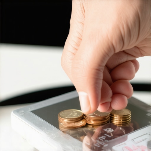 Hand placing pennies on digital kitchen scale to test calibration