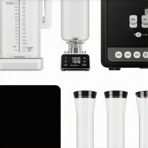 Well-Maintained Kitchen Equipment A tidy kitchen countertop with calibrated scales, cleaned blender jars, and pressure cooker components ready for use.
