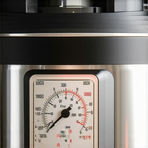 Pressure cooker with pressure gauge indicating high-pressure setting in a kitchen.