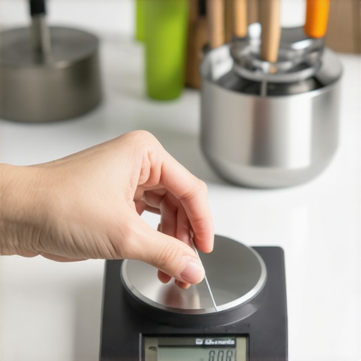 Person adjusting digital kitchen scales to ensure accuracy in a well-organized kitchen.