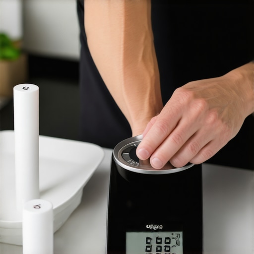 Person adjusting a digital kitchen scale with calibration weights