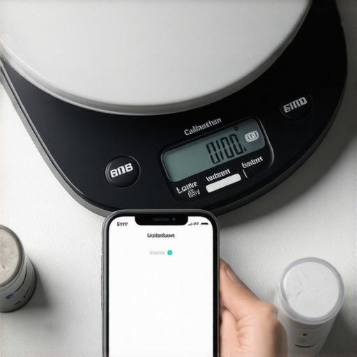 A person calibrating a digital kitchen scale using standard weights and a smartphone app.
