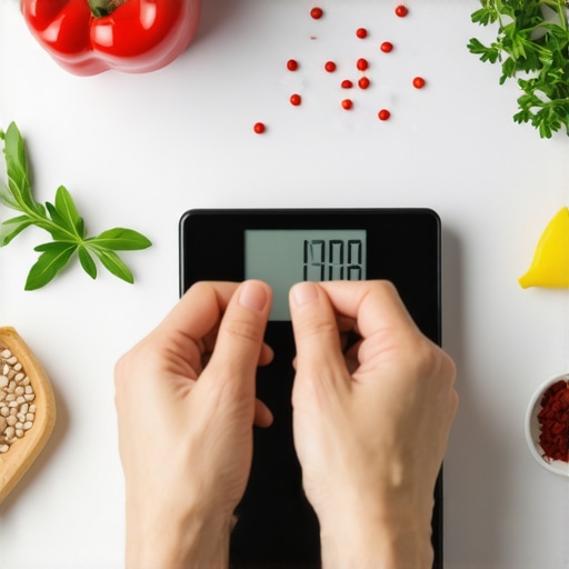 Person adjusting the calibration on a digital kitchen scale in a well-lit kitchen