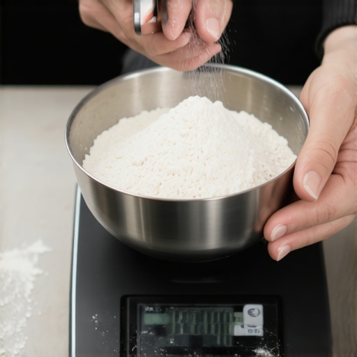 Calibrating a Digital Kitchen Scale with Flour Close-up of hand calibrating a kitchen scale with flour for accuracy.