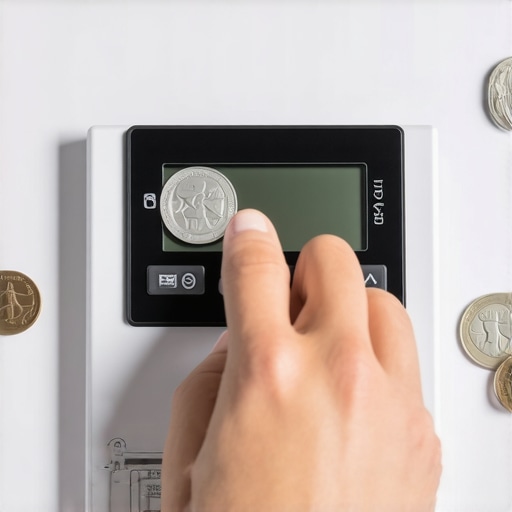 Person checking the calibration of a digital kitchen scale using coins for accuracy.