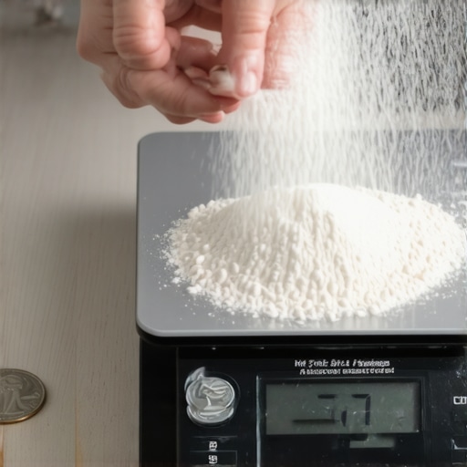 Calibrating a Kitchen Scale with Flour Dust Person sprinkling flour on digital kitchen scale next to quarter for calibration.