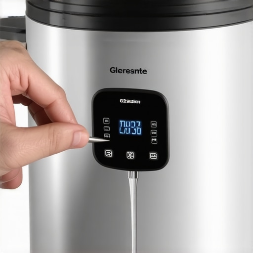 Person calibrating smart cooker using boiling water and digital thermometer