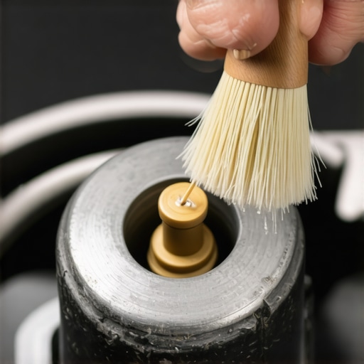 Cleaning Pressure Cooker Valve Close-up of a hand cleaning a pressure cooker steam valve with a brush and toothpick.