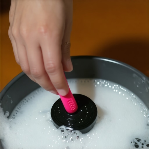 Person cleaning a blender gasket with a brush and soapy water.