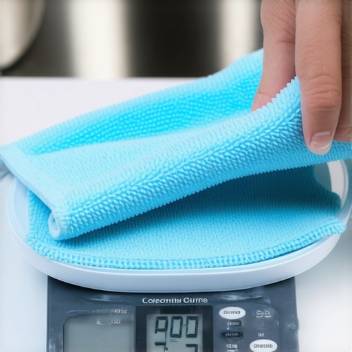 A person cleaning a digital kitchen scale with a microfiber cloth in a modern kitchen.