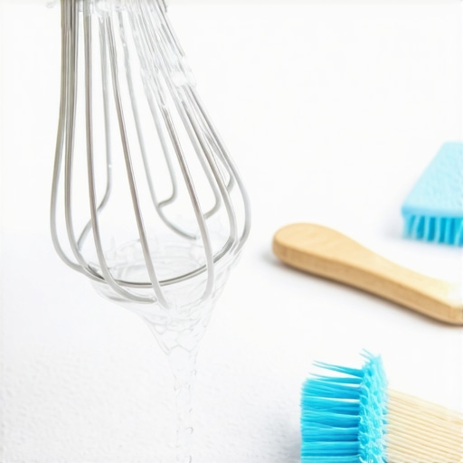 A close-up of a mixer whisk soaking in a solution of vinegar and baking soda for cleaning.