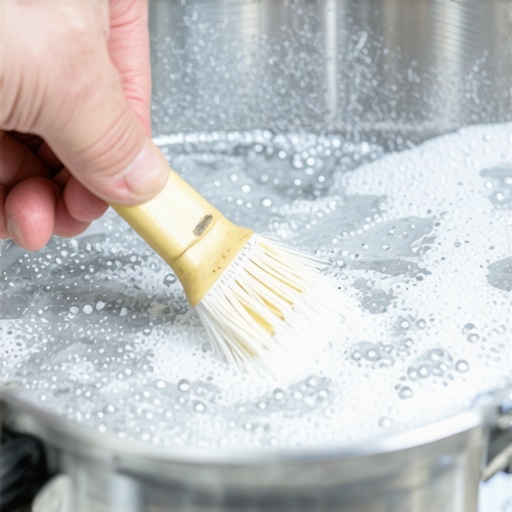 Person cleaning pressure cooker float valve with brush to remove mineral buildup.
