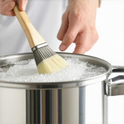 Person in the kitchen is meticulously cleaning a pressure cooker steam valve with a small brush and vinegar