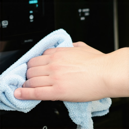 Person cleaning a touchscreen with a microfiber cloth in a kitchen.