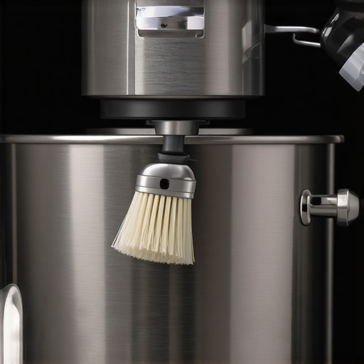 A person using a small brush to clean inside a stand mixer for grease and grime