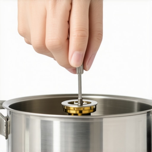 A hand cleaning a pressure cooker safety valve and gasket with a brush and vinegar